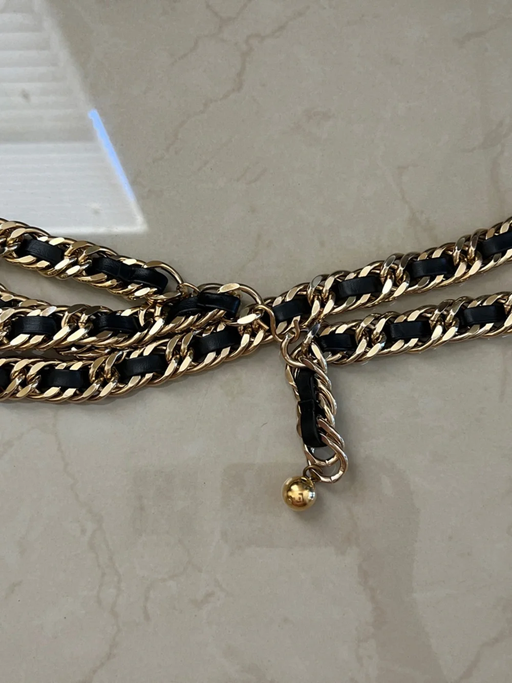 Vintage Gold Chain Belt with Black Leather Weave
